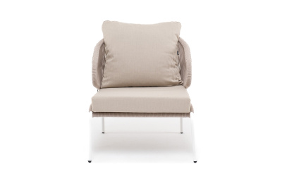 "Милан" кресло плетеное из роупа, каркас алюминий белый муар, роуп бежевый круглый, ткань бежевая 035